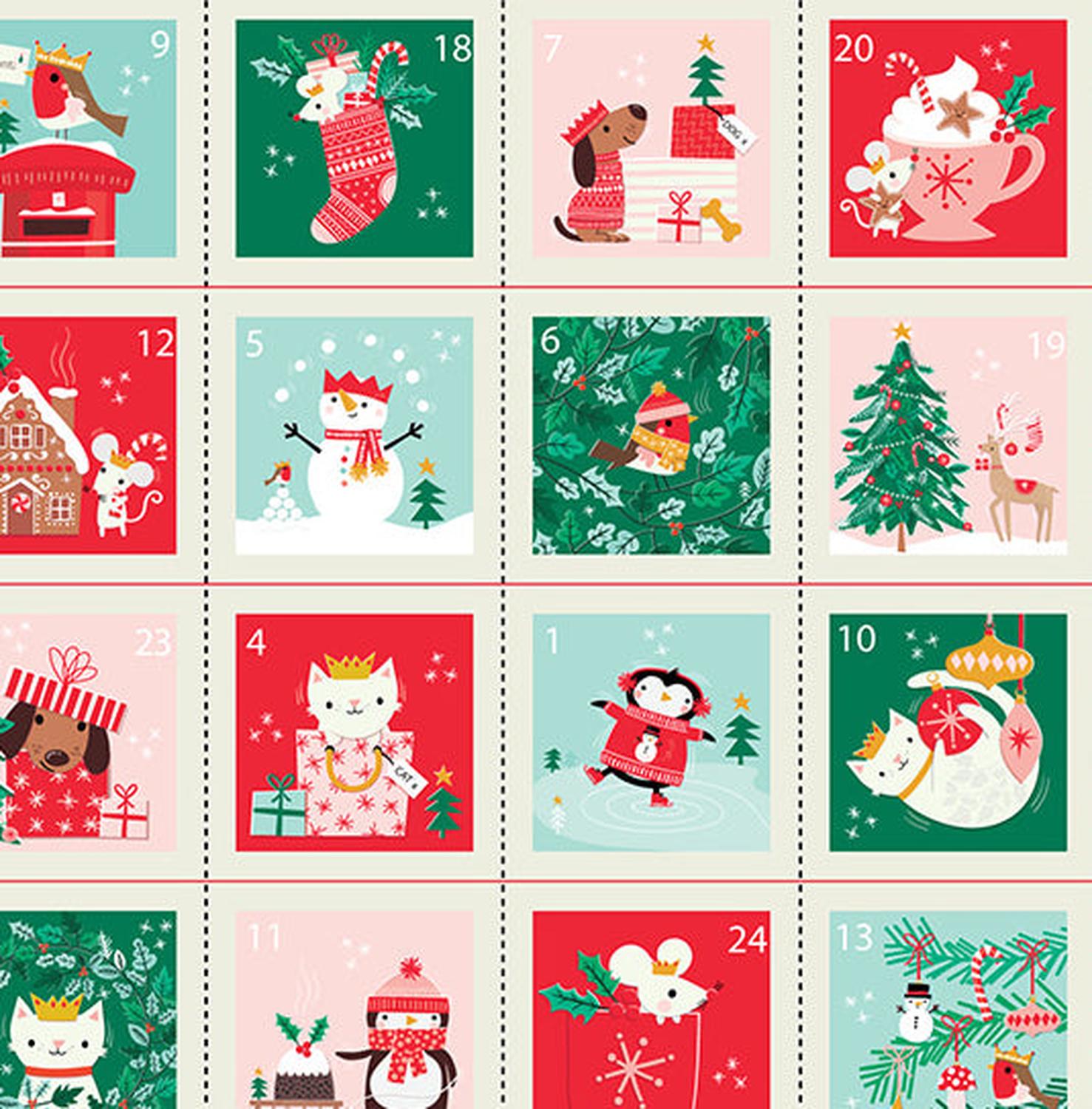 A collection of festive advent calendar panels featuring various Christmas themed designs including Santa, reindeer, and holiday decorations.