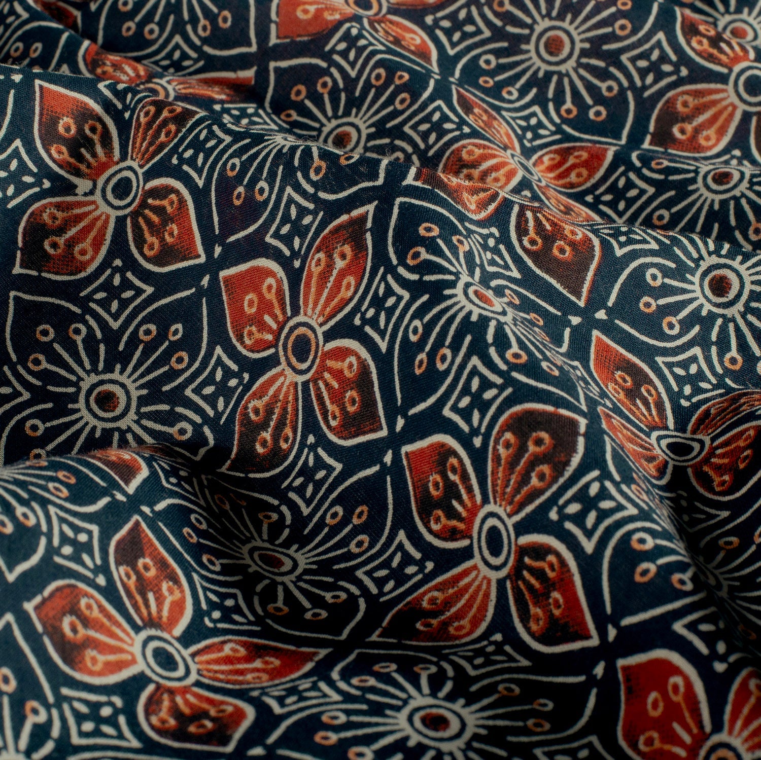 Fine Poplin Fabric - Flowers Indigo Batik
