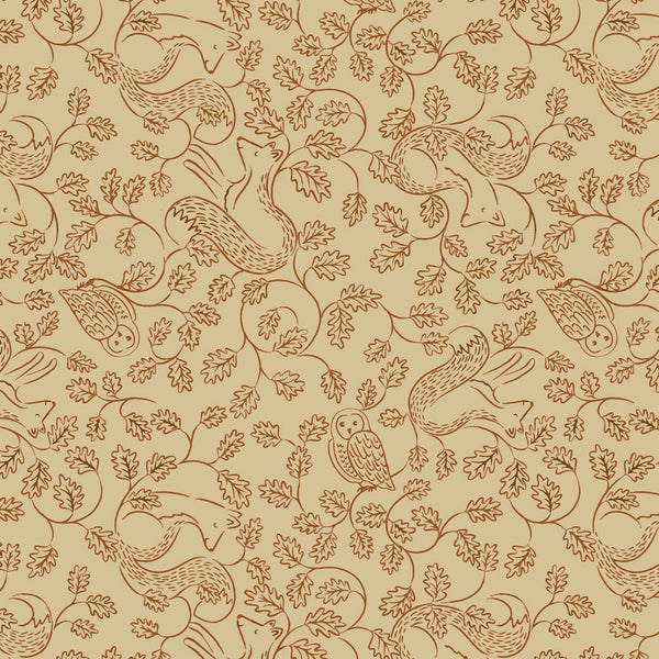 Old Quercus - Fox and Owl on Cosy Gold - Cotton Fabric