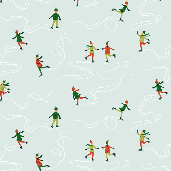 Pattern of small ice skating figures in green, red, and orange on a light blue background