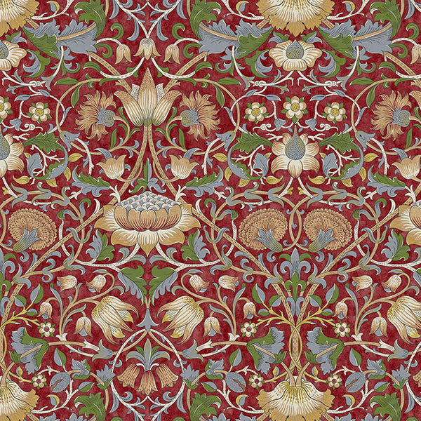 Decorative fabric pattern with floral and leaf designs on a red background.