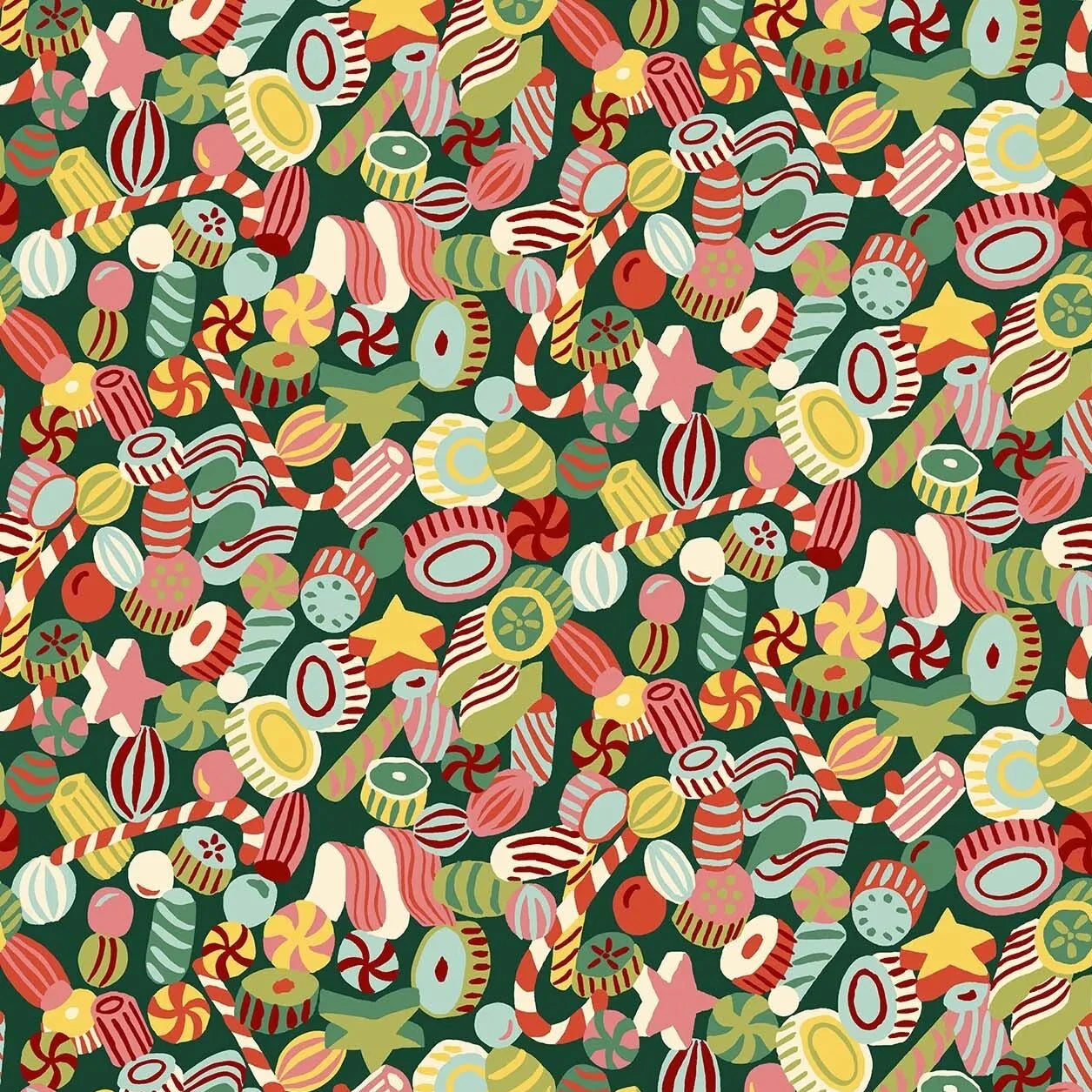 Colorful pattern of Christmas-themed candies on a green background