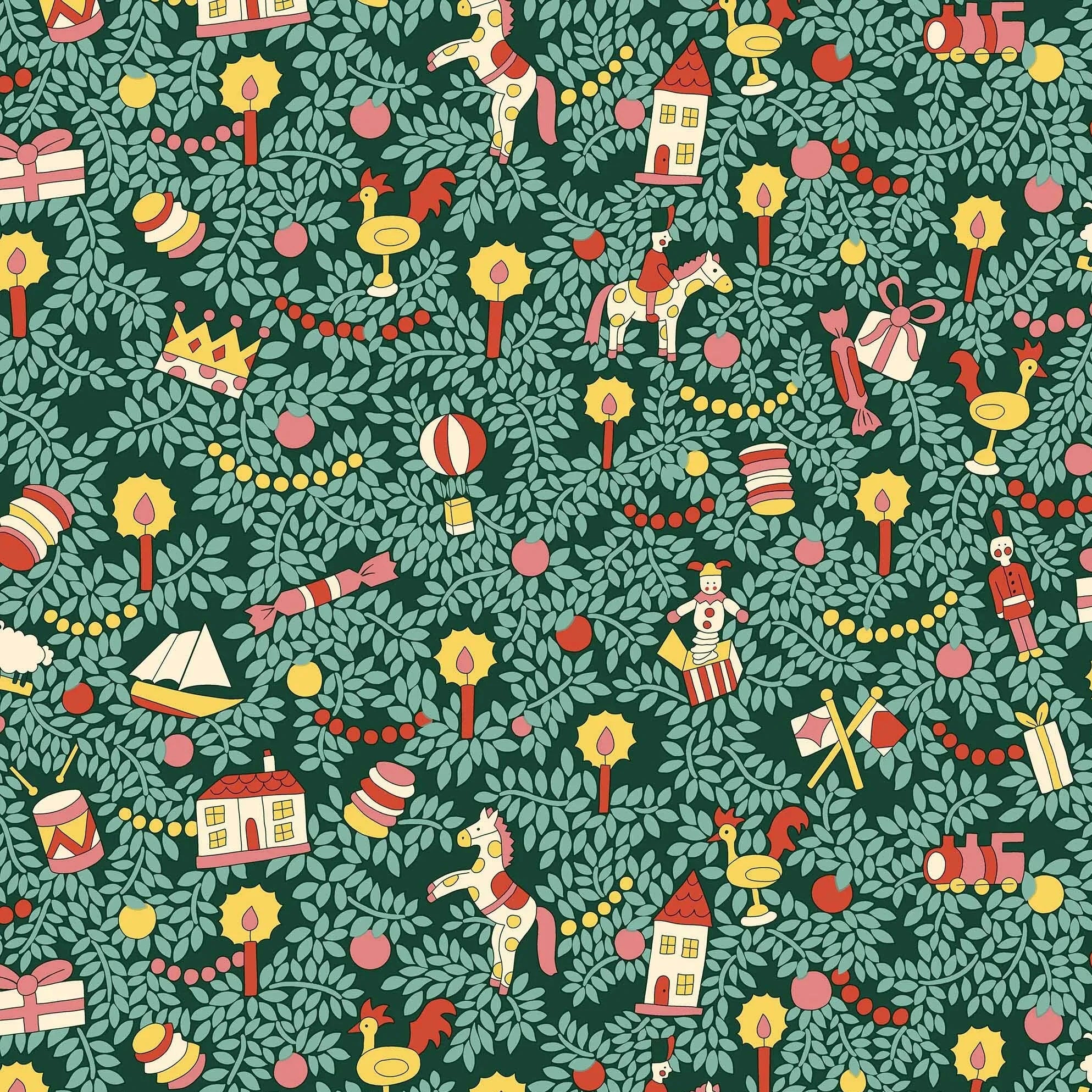 Patterned fabric with toys, houses, and decorative elements on a green background