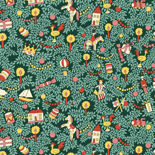 Patterned fabric with toys, houses, and decorative elements on a green background