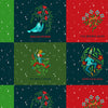 Patchwork fabric with illustrated characters and patterns in green, red, and blue on a dark blue background.