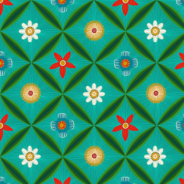 Geometric pattern with flowers on a teal background