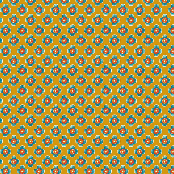 Patterned fabric swatch with geometric design on a yellow background
