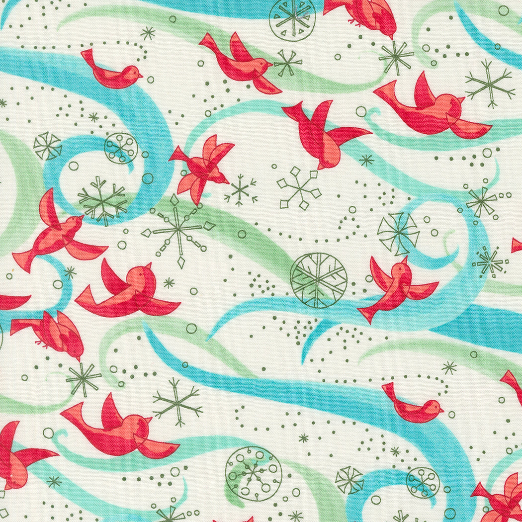 Winterly by Robin Pickens - Birds With Ribbons Cream - Cotton Fabric