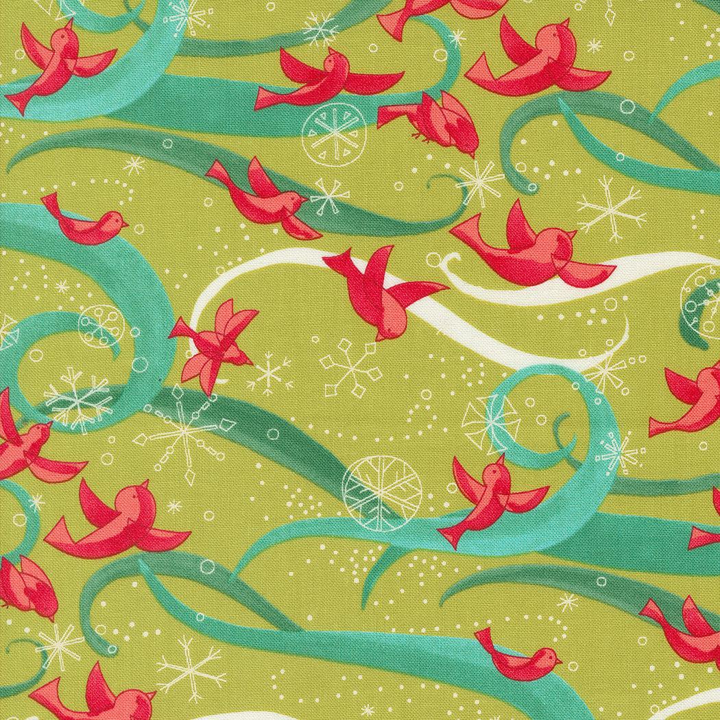 Winterly by Robin Pickens - Birds With Ribbons Chartreuse - Cotton Fabric