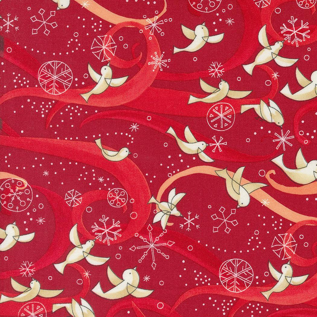 Winterly by Robin Pickens - Birds With Ribbons Crimson - Cotton Fabric