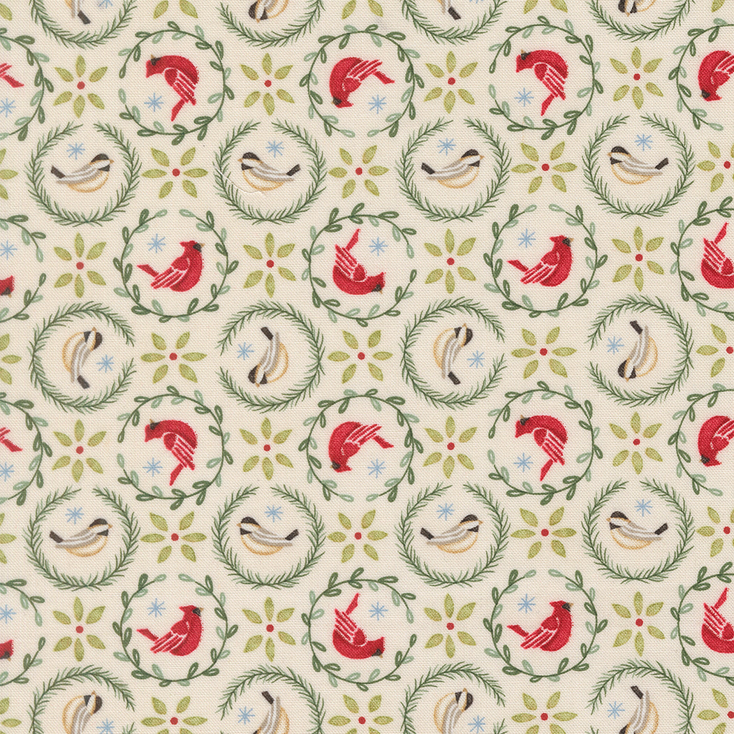 When Snow Falls - Tiny Birds in Wreath - Cotton Fabric