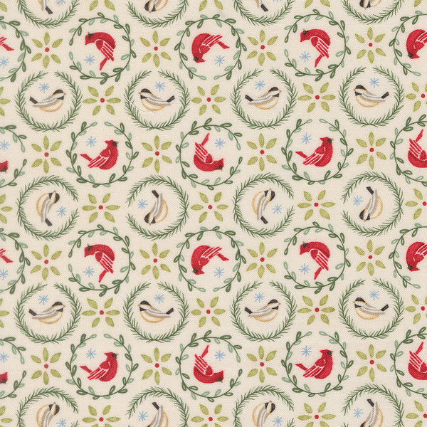 When Snow Falls - Tiny Birds in Wreath - Cotton Fabric