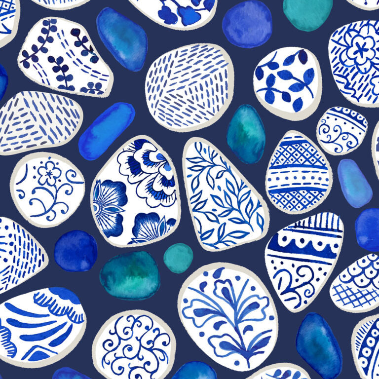 Pattern of blue and white decorative stones on a dark blue background
