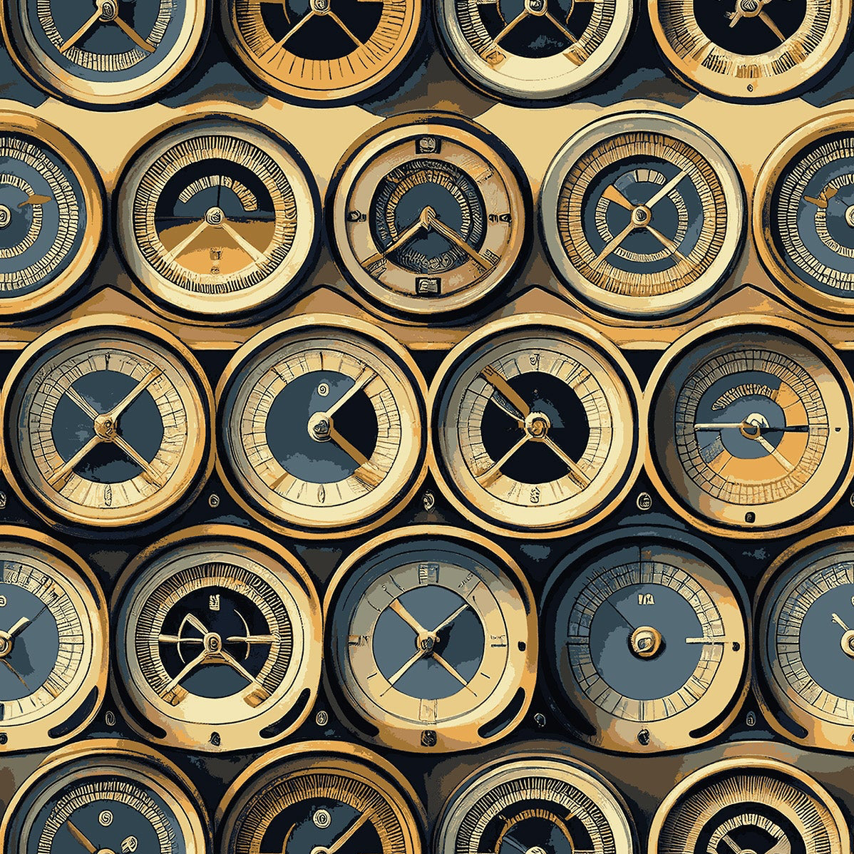 Pattern of vintage plane gauges with gold and blue colors.