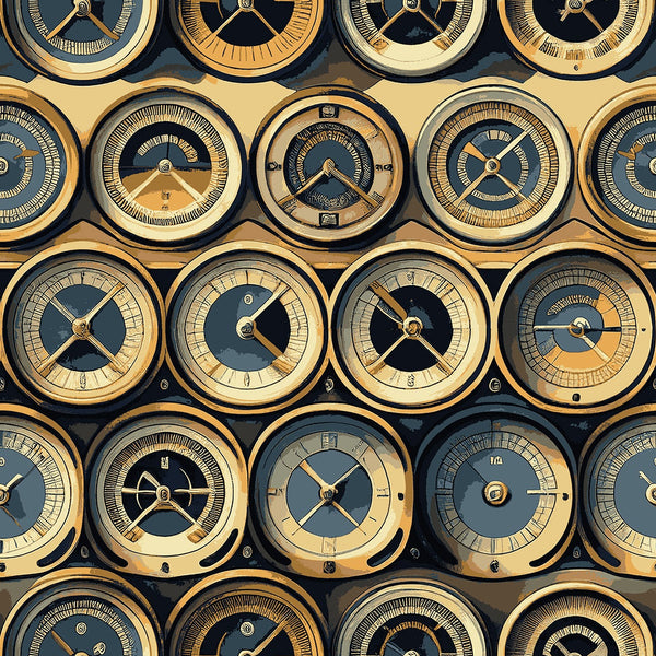 Pattern of vintage plane gauges with gold and blue colors.
