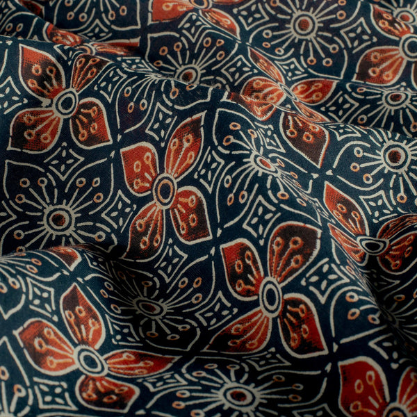 Fine Poplin Fabric - Flowers Indigo Batik