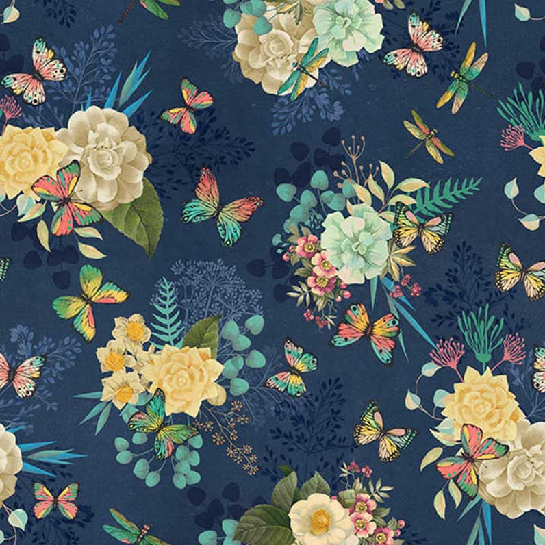 Birds & Blooms - Navy Floral With Butterflies  - Cotton Fabric
