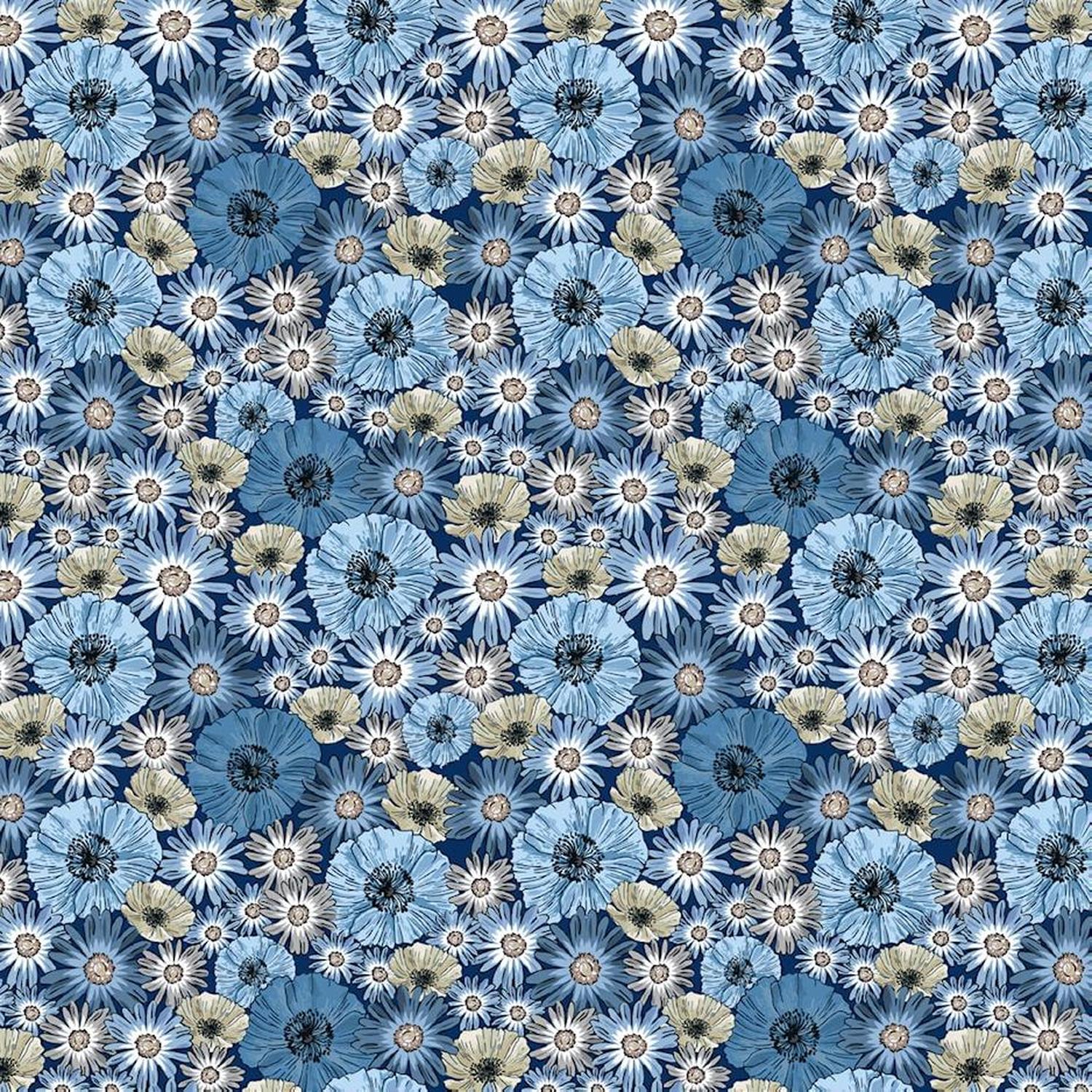 Blue and Marble - Blue Flowers - Cotton Fabric