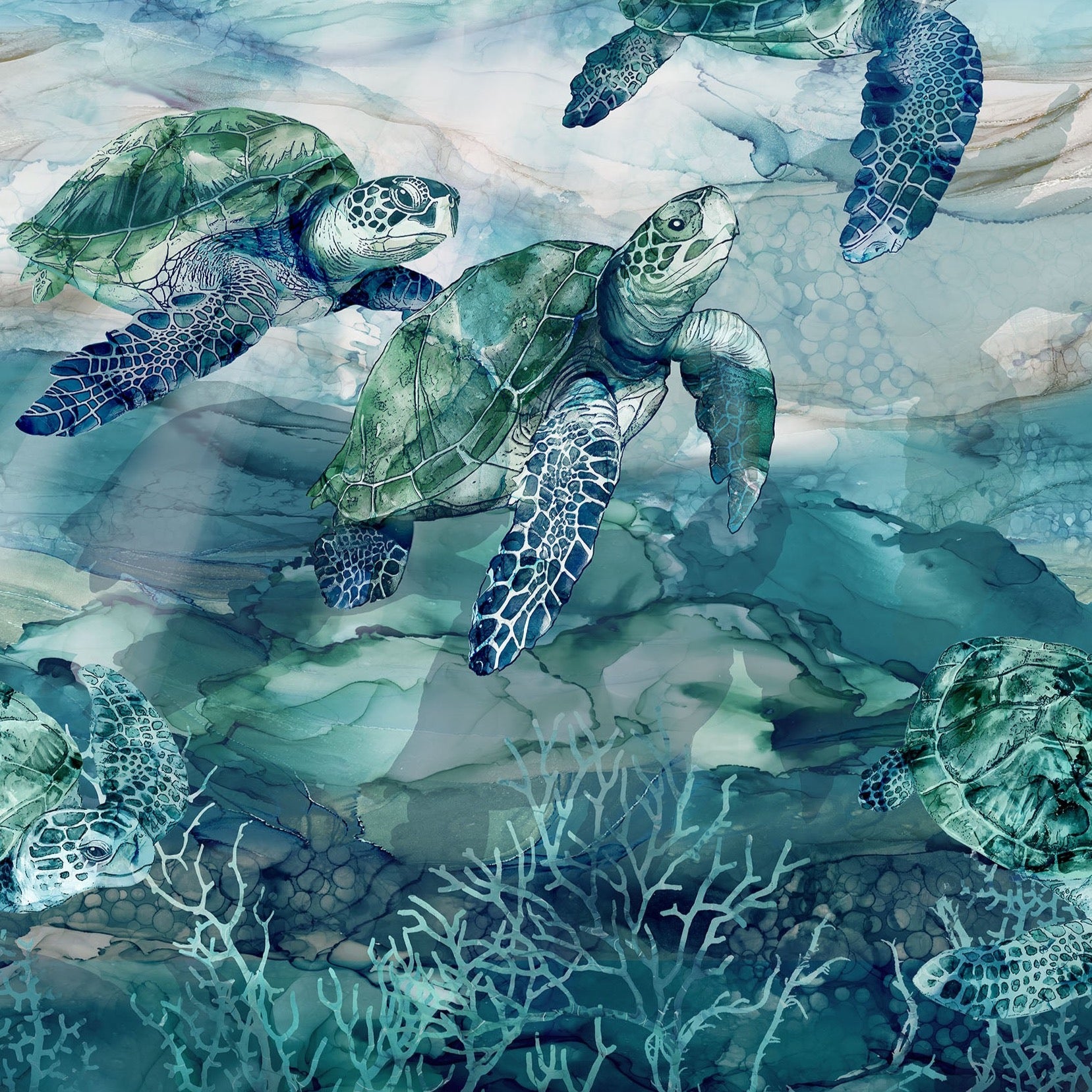 Sea Breeze Turtle Panel Cotton Fabric