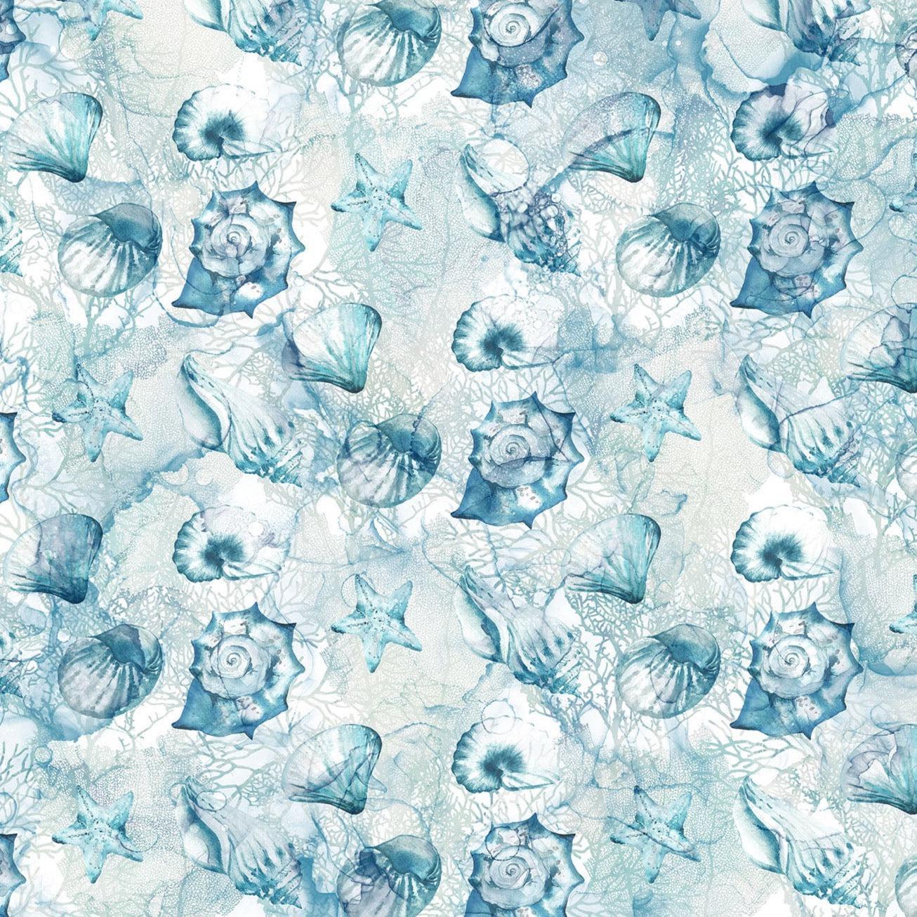 Sea Breeze Shells Blue Cotton Fabric