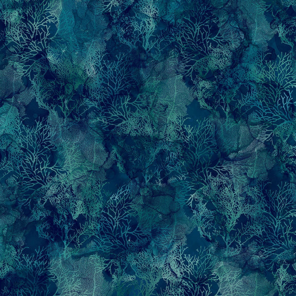 Sea Breeze Coral Dark Blue Cotton Fabric