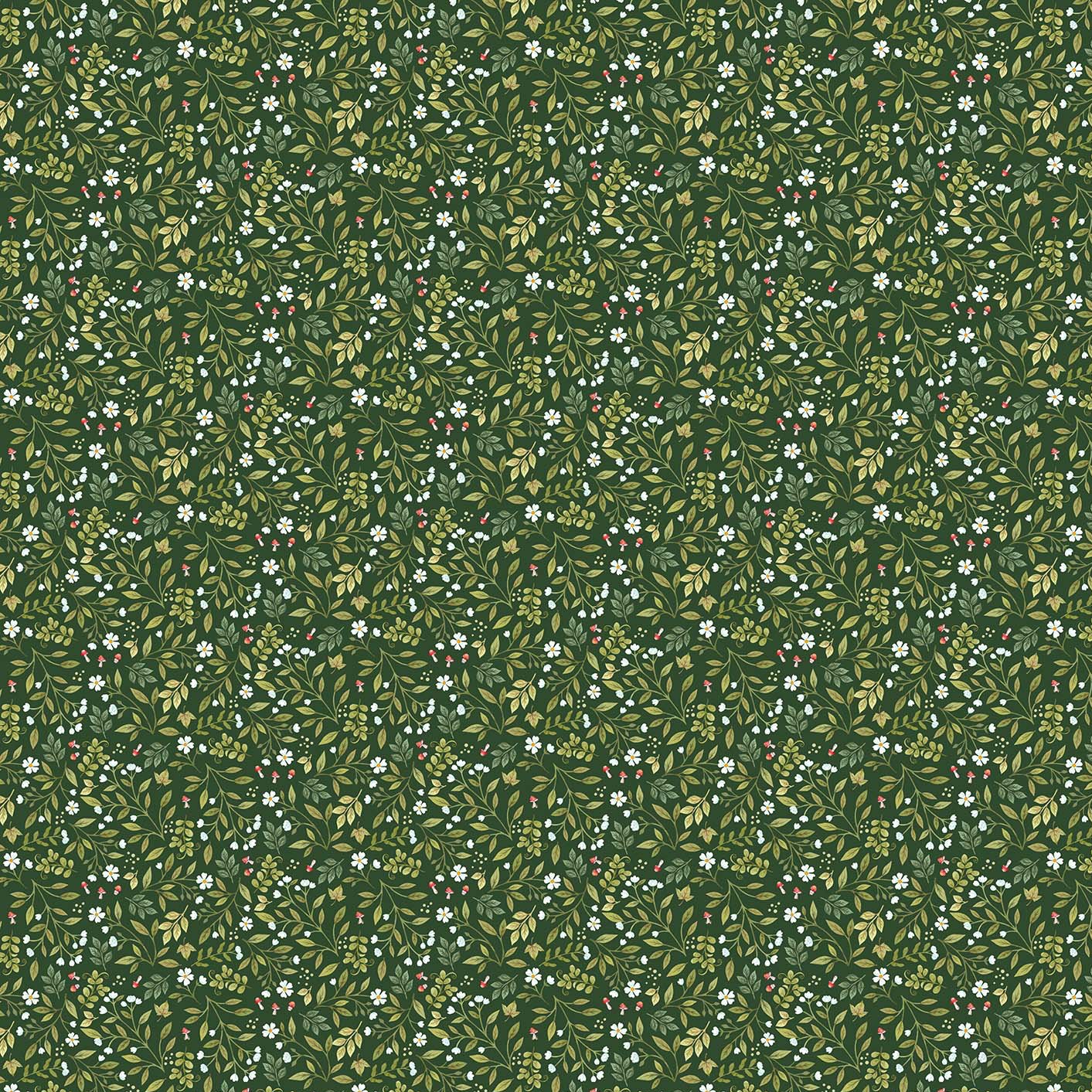 Woodland Babes - Mini Flower Toss - Dark Green - Cotton Fabric