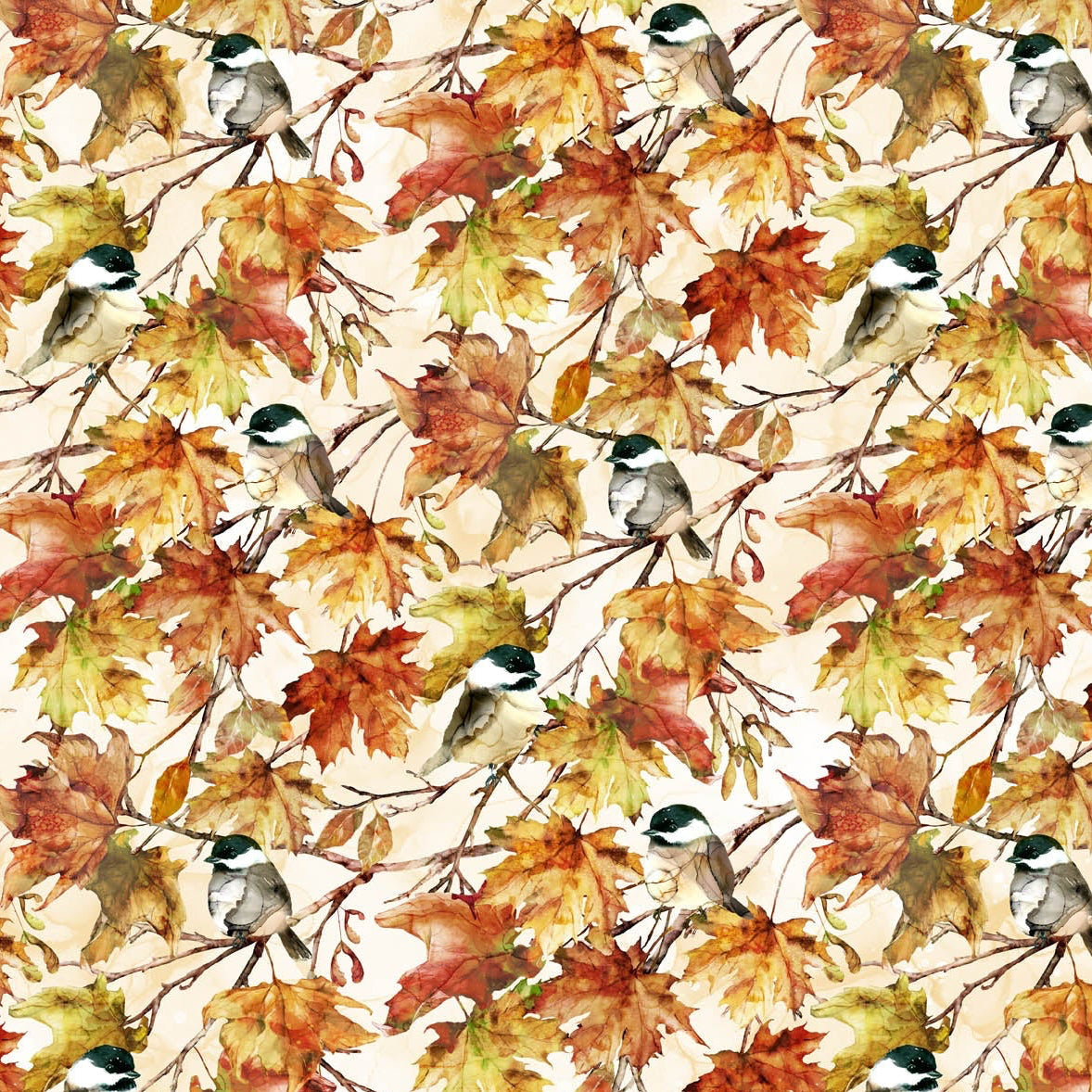 Pattern of autumn leaves and birds on a white background