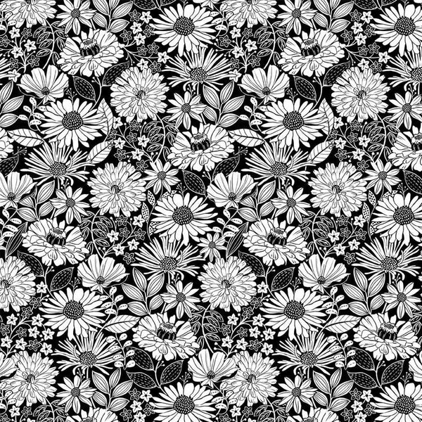 Ebony and Ivory - Small Flora - Cotton Fabric