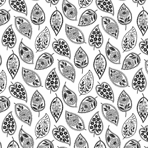 Ebony and Ivory - Stylized Leaf - Cotton Fabric