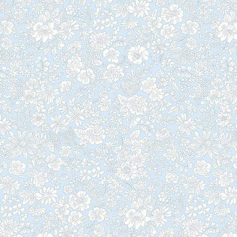 Floral pattern fabric swatch on a light blue background