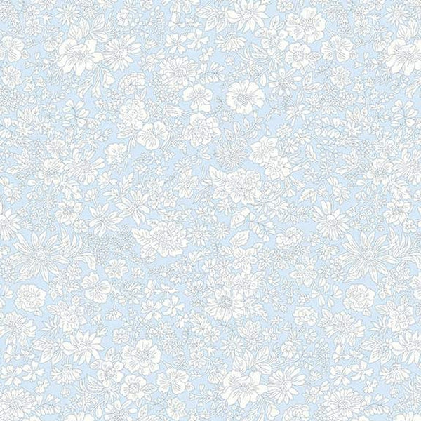 Floral pattern fabric swatch on a light blue background