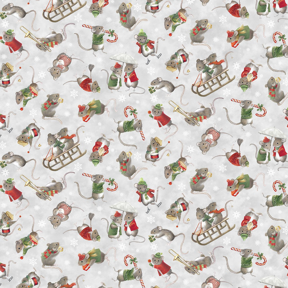 Pattern of Christmas mice in various poses on a grey background
