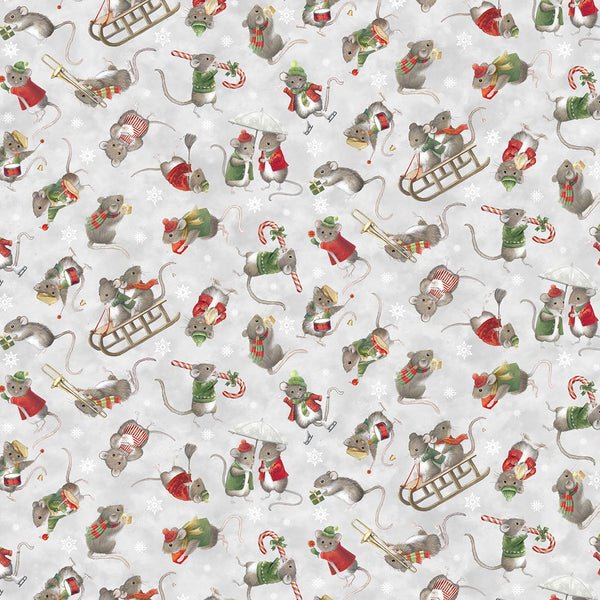 Pattern of Christmas mice in various poses on a grey background