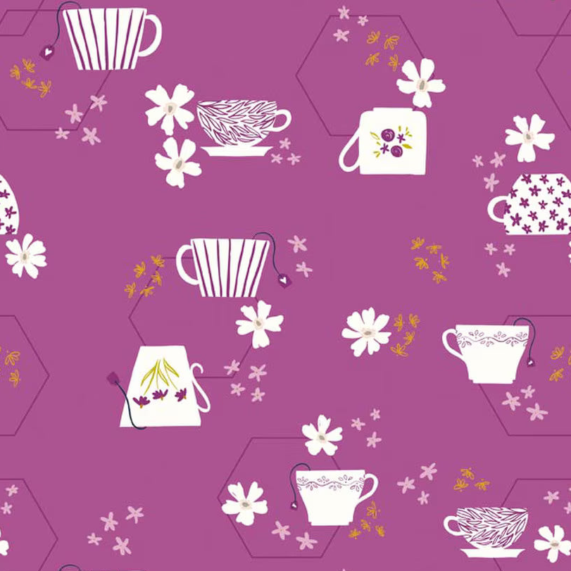 Pattern of teacups and flowers on a purple background 