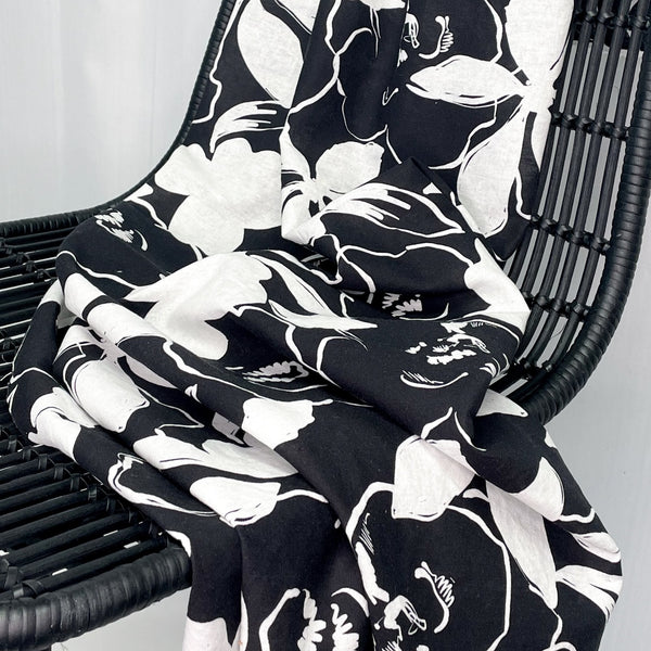 Black White Floral Linen Cotton Fabric