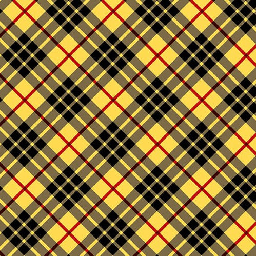Plaid pattern with black, red, and yellow colors on a fabric background