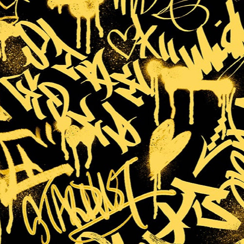 Gold graffiti-style text on a black background