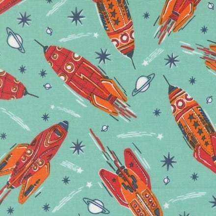 3 2 1 Blast Off - Vintage Rockets Blue Nebula - Cotton Fabric