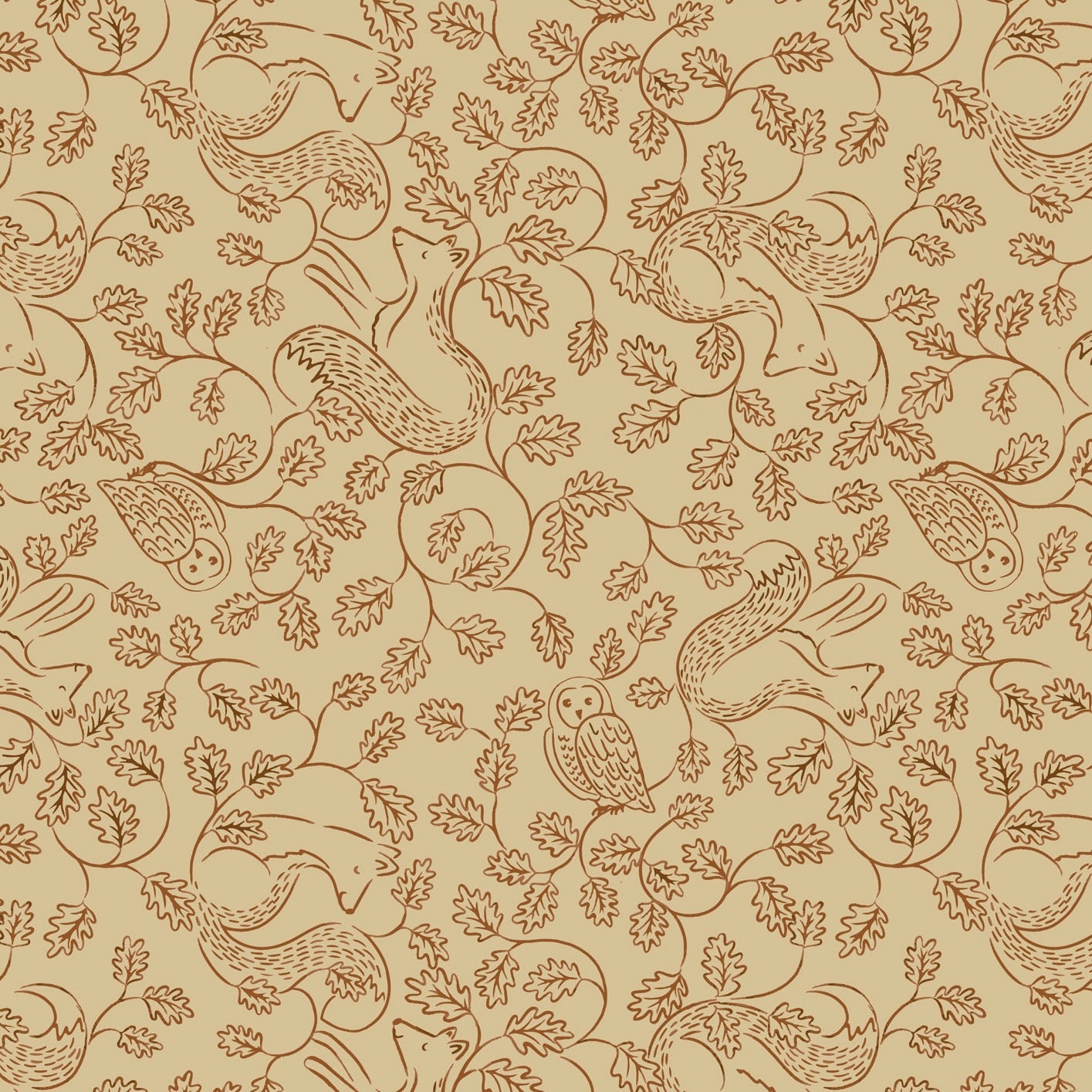Old Quercus - Fox and Owl on Cosy Gold - Cotton Fabric