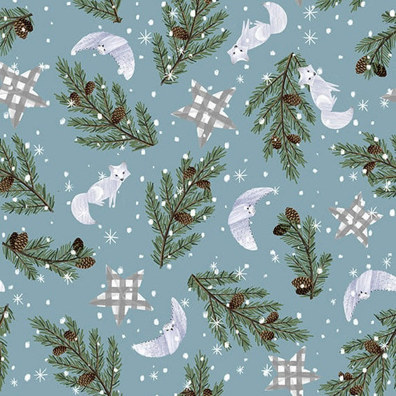 Pattern of winter elements including trees, animals, and stars on a blue background.