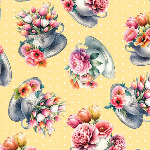 Garden Tea - Tea Cups Yellow - Cotton Fabric