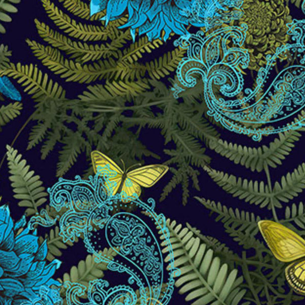 Patterned fabric with leaves, flowers, and butterflies on a dark background