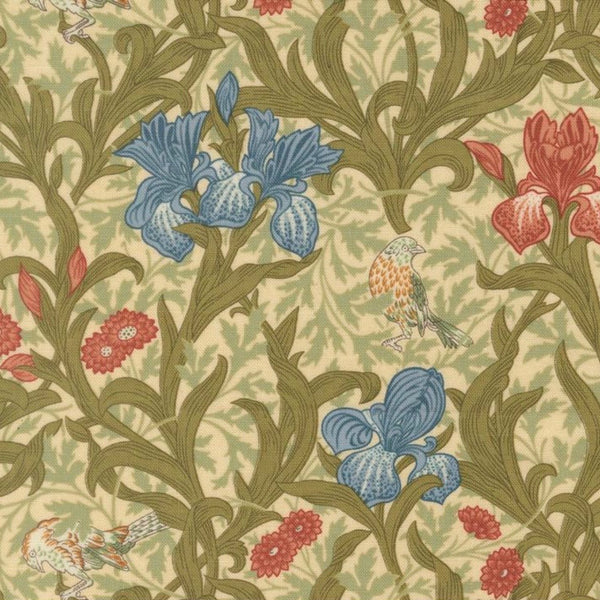 Morris Muse - Iris Floral Birds Parchment - Cotton Fabric