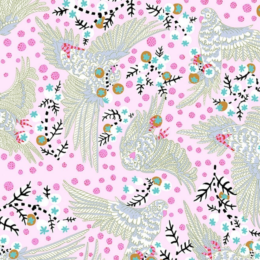 Patterned fabric with birds and floral elements on a pink background