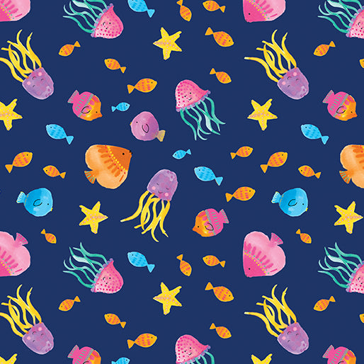 Swim With Me - Tropical Fish Navy - Cotton Fabric