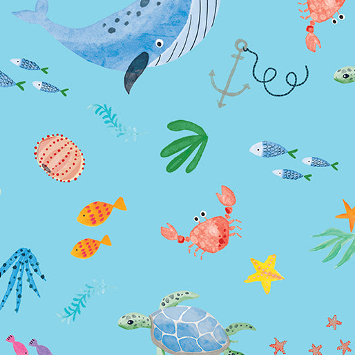 Swim With Me - Ocean Life Turquoise - Cotton Fabric