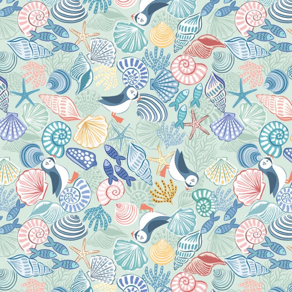 Seas the Day - Puffins and Shells - Cotton Fabric