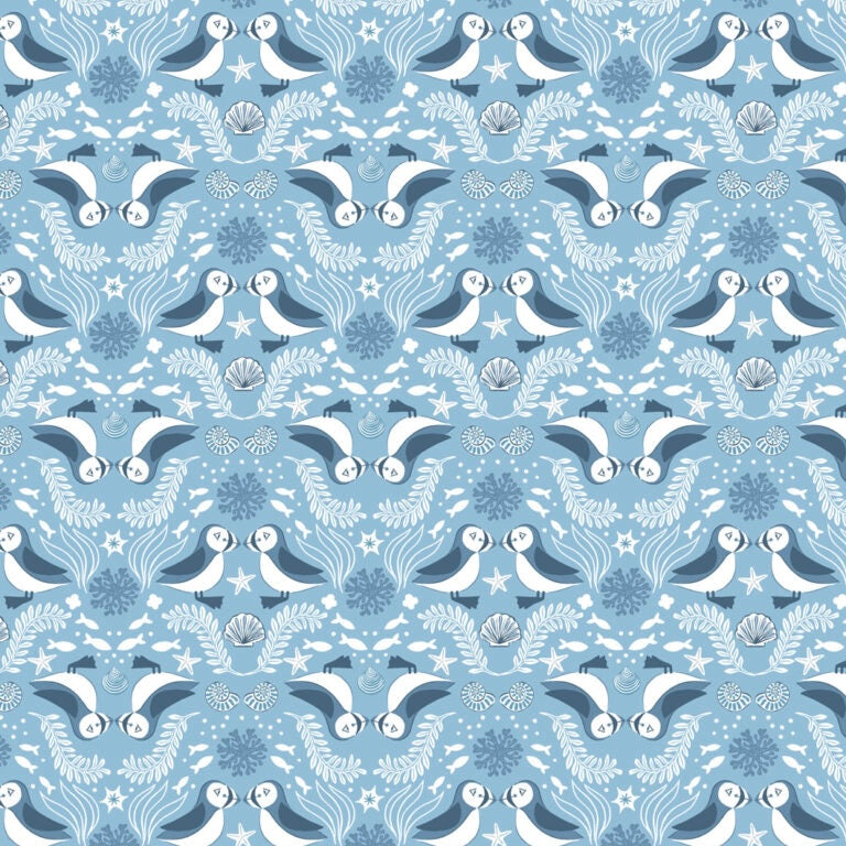 Seas the Day - Mirrored Puffins Blue - Cotton Fabric