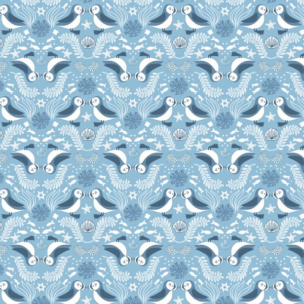 Seas the Day - Mirrored Puffins Blue - Cotton Fabric