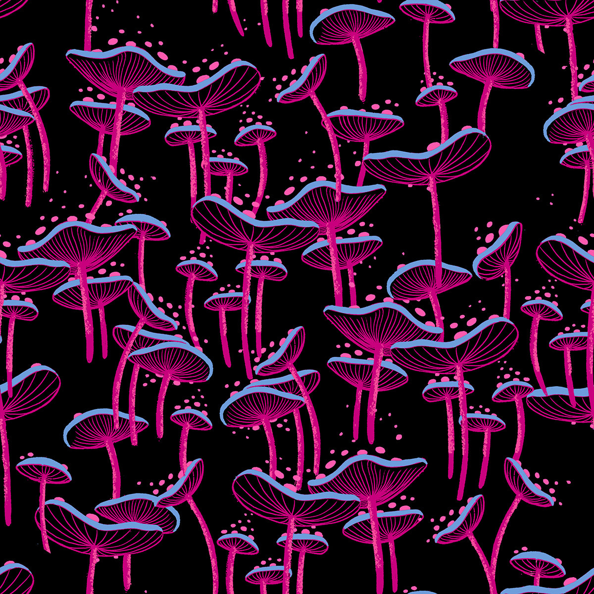 Pattern of pink and blue mushrooms on a black background